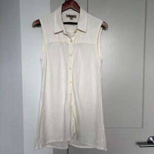 FLAX LONG BUTTON DOWN COLLARED SLEEVELESS WHITE LINEN TANK WOMENS SMALL